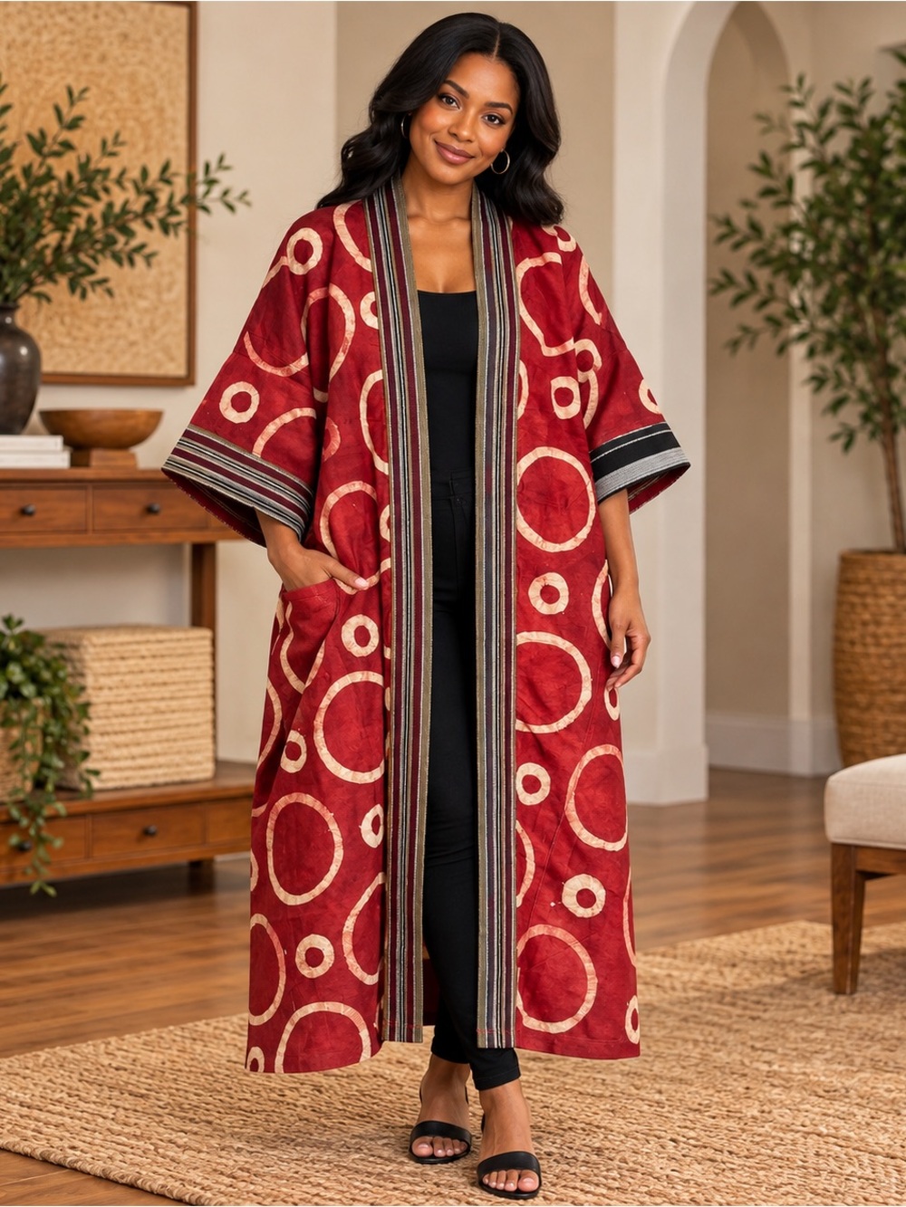 Adire Cotton Long Kimono Duster Burgundy Aso Oke Trim NWOT